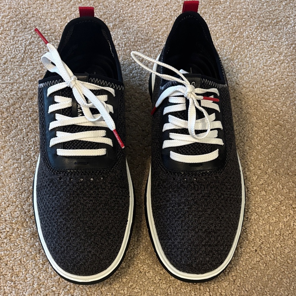Cole Haan Black Knit Lace-Up Sneakers with White Soles and Red Pull Tabs